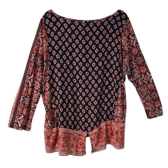 Lucky Brand L boho print wide boat neck soft rayon knit back vent top - Picture 4 of 11